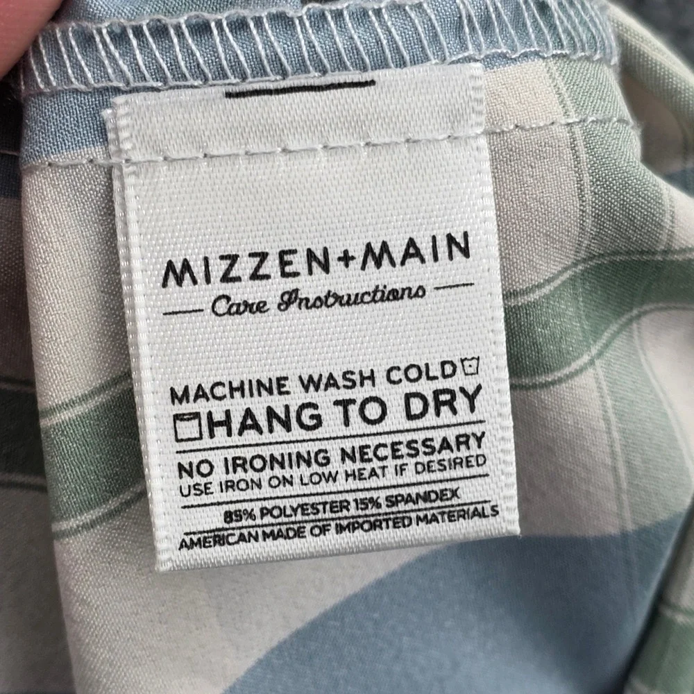 Mizzen+Main Men Trim Fit Plaid Performance Dress Shirt Blue Green XL Long Sleeve